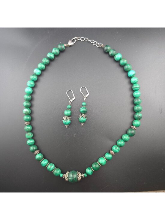 Artesian Jewelry - Vintage Malachite Beaded Necklace Earrings Set Sterling Silver 19 inches
